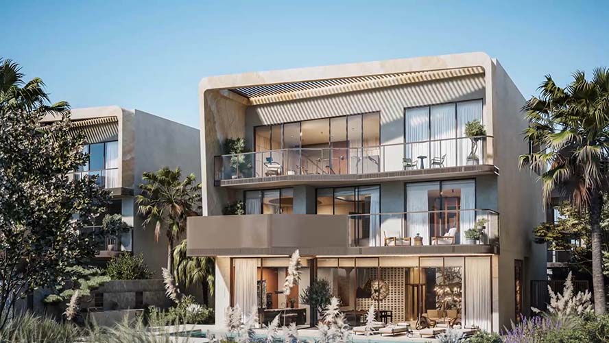 Photorealistic exterior architectural rendering of a luxury residential villa.